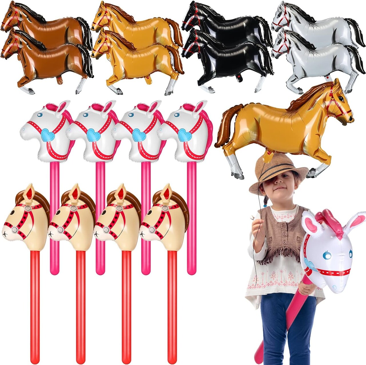 Roshtia 16 Pcs Inflatable Stick Horse and Horse Balloons for Kids Racing Derby Party Supplies Cute Horsehead Stick Balloon Derby Day Party Decorations for Birthday Baby Shower